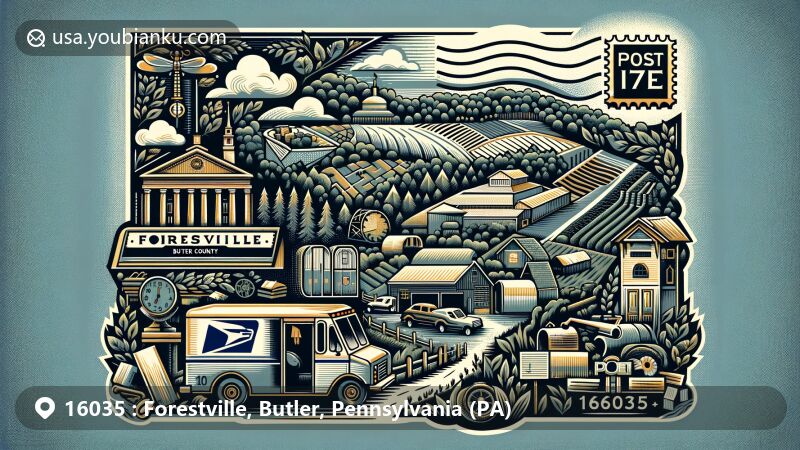 Modern illustration of Forestville area in Butler County, Pennsylvania, merging geographical and cultural features with postal elements like old-fashioned mailbox, mail van, and ZIP Code 16035 stamp, alongside state symbols and natural landscapes, presented as a postcard.