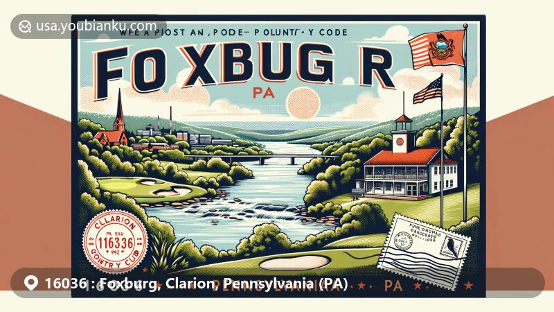 Modern illustration of Foxburg, Clarion County, Pennsylvania, showcasing natural beauty and cultural landmarks like Foxburg Country Club and Allegheny RiverStone Center for the Arts.