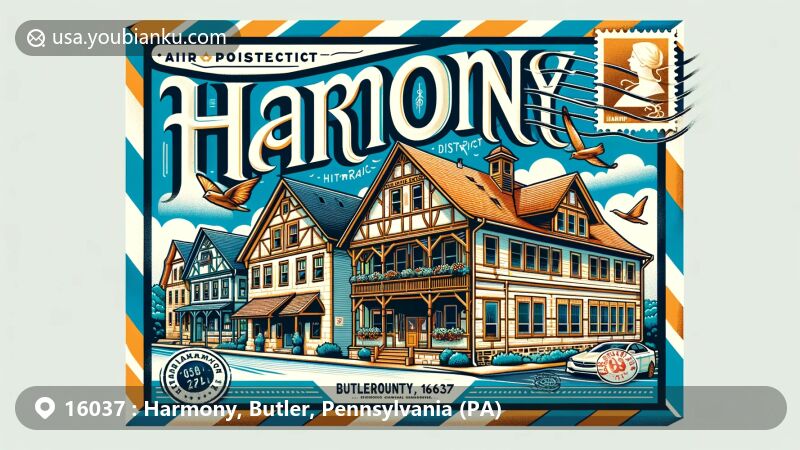 Modern illustration of Harmony Historic District, Butler County, Pennsylvania, merging postal culture and German village architecture, with airmail envelope showcasing 'Harmony, PA 16037' alongside stamp and postmark.
