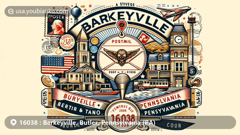 Modern illustration showcasing Barkeyville, Pennsylvania with ZIP code 16038, featuring vintage postcard or airmail envelope theme. Includes elements from Butler and Venango counties, state symbols, local landmarks, postal motifs, and small-town charm.