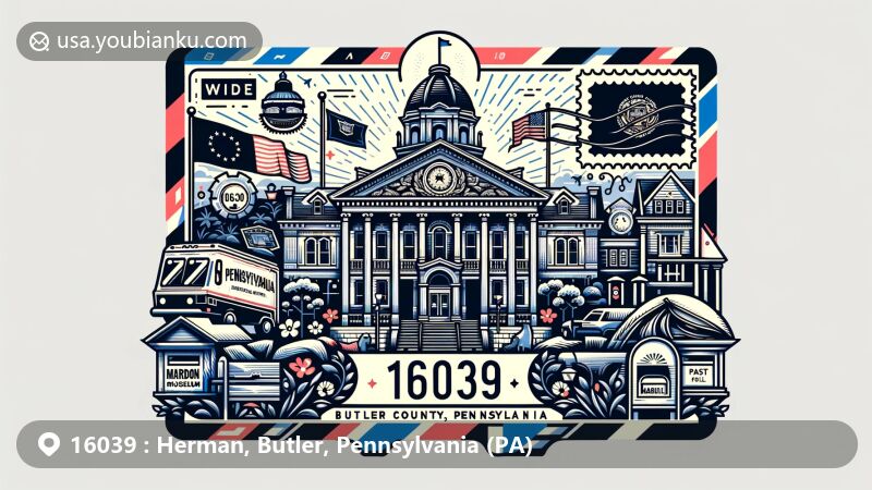 Modern illustration of Herman, Butler, Pennsylvania, showcasing postal theme with ZIP code 16039, featuring Butler County Historical Society, Maridon Museum, and Pennsylvania state symbols.