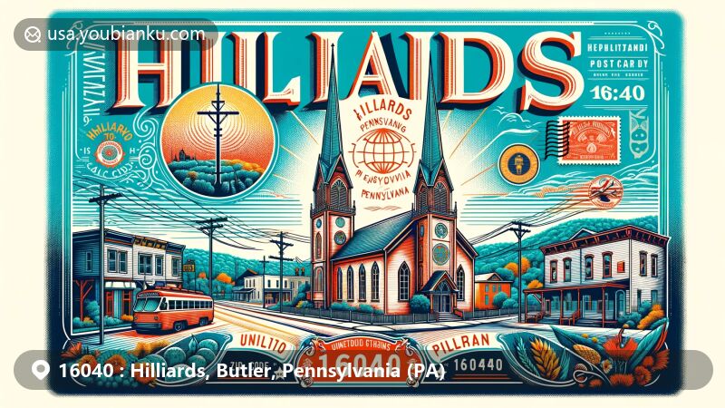 Modern illustration of Hilliards, Butler County, Pennsylvania, with ZIP code 16040, blending postal elements with regional landmarks, including United Methodist Church.