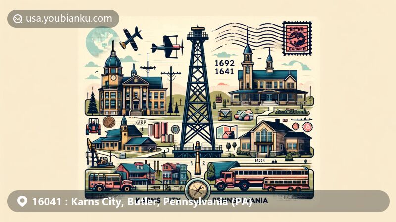Modern illustration of Karns City, Butler County, Pennsylvania, featuring vintage oil derrick symbolizing early oil boom, educational building representing local schools, and postal theme with stamp, postmark, and ZIP Code 16041.