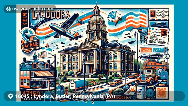 Modern illustration of Lyndora, Pennsylvania, featuring iconic Butler County Courthouse against a backdrop of natural beauty and community events like antique shows, incorporating postal elements with ZIP code 16045, including air mail envelope, postage stamp, postmark, mailbox, and mail delivery scene.