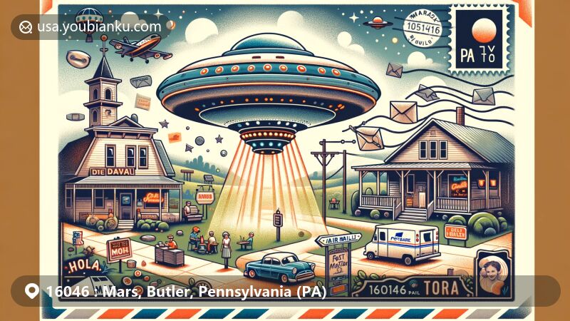 Modern illustration of Mars, Butler County, Pennsylvania, featuring the Mars Flying Saucer and American small-town atmosphere, with cozy diners, local shops, and townspeople engaged in daily activities, symbolizing the community spirit of Mars.