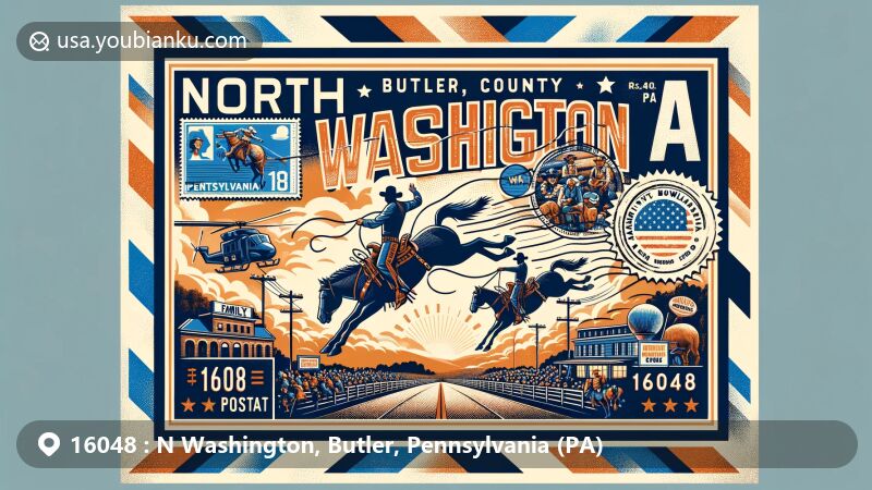 Modern illustration of North Washington, Butler County, Pennsylvania, showcasing postal theme with ZIP code 16048, featuring state routes 38 and 138 intersection, North Washington Rodeo scene, and Butler County cultural landmarks.
