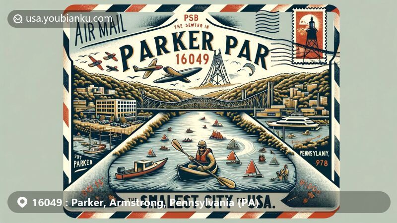 Modern illustration of Parker, Pennsylvania, the 'Smallest City in the USA' with ZIP code 16049, featuring vintage air mail envelope, Allegheny River, Parker Bridge, and outdoor recreational activities like water skiing and fishing.