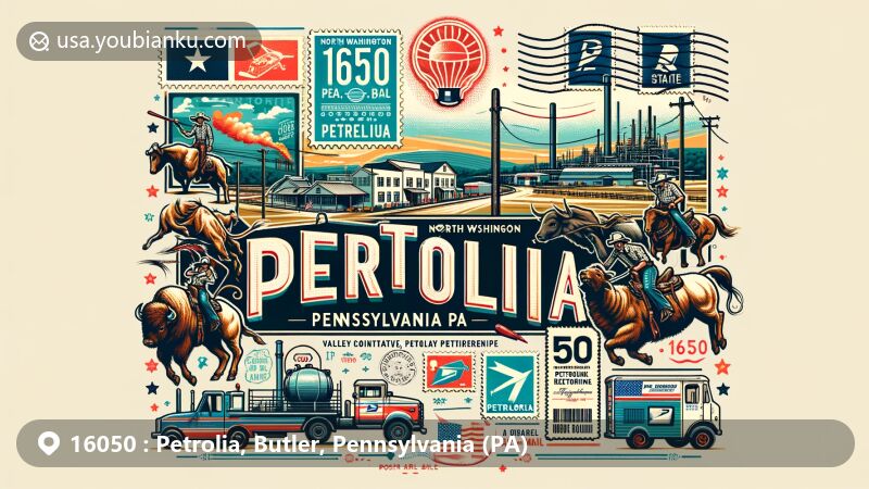 Modern illustration of Petrolia, Butler County, Pennsylvania, highlighting North Washington Rodeo and HF Sinclair refinery, featuring postal elements and vintage air mail theme, with Pennsylvania state flag and ZIP code 16050.
