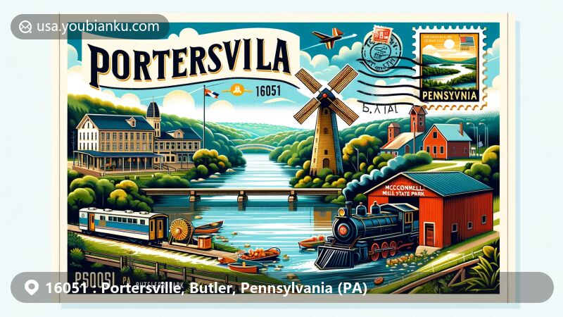 Modern illustration of Portersville, Butler County, Pennsylvania, resembling a postcard design with ZIP code 16051 and symbols of Pennsylvania and Butler County, featuring Moraine State Park, McConnells Mill State Park, and Portersville Steam Show.