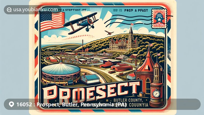 Modern illustration of Prospect, Butler County, Pennsylvania, featuring the Big Butler Fair and the area's community vibrancy, local pride, and natural beauty. Postal theme with vintage postcard elements, including a Pennsylvania state flag stamp and ZIP code 16052.