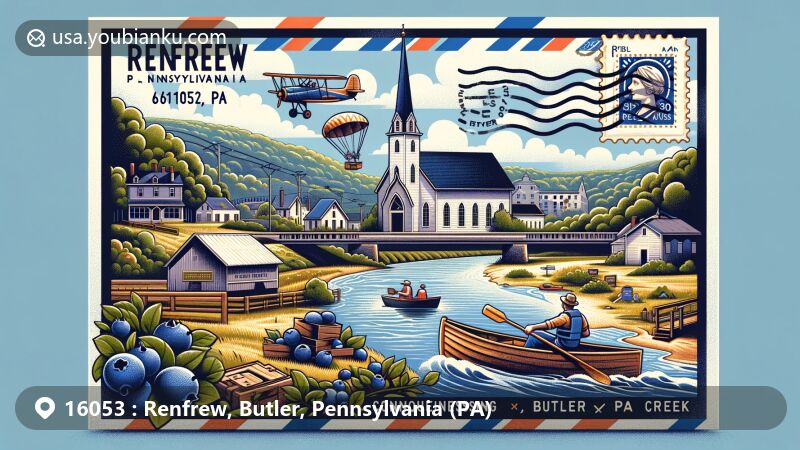 Modern illustration of Renfrew, Butler, Pennsylvania, showcasing postal theme with ZIP code 16053, featuring Methodist church, blueberry picking scenes, and boating on Connoquenessing Creek.