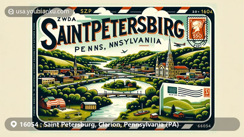Modern illustration of Saint Petersburg, Clarion County, Pennsylvania, showcasing postal theme with ZIP code 16054, featuring green landscapes, Allegheny and Clarion Rivers, vintage postal elements like stamp and postmark, and Pennsylvania state symbols.