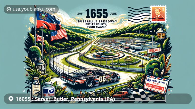 Unique illustration of Sarver, Butler County, Pennsylvania, capturing ZIP code 16055 with Lernerville Speedway, Pennsylvania state flag elements, and postal-themed design.