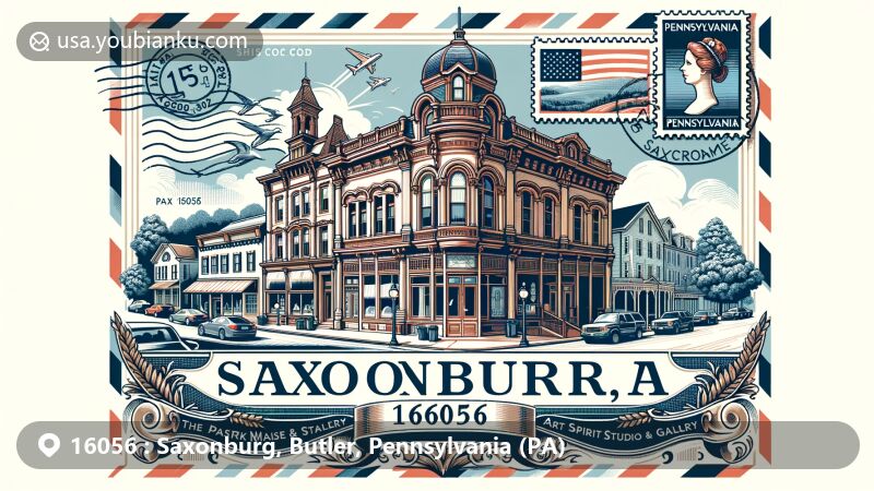 Modern illustration of Saxonburg, PA, showcasing postal theme with ZIP code 16056, featuring historic Main Street buildings in Greek Revival and Gothic Revival styles, postcard motif with Pennsylvania state flag stamp, and Art Spirit Studio & Gallery.