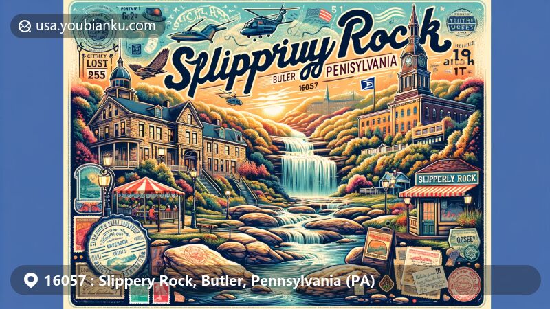 Modern illustration of Slippery Rock, Butler County, Pennsylvania, featuring Slippery Rock University, rock waterfall, old-fashioned street lamps, gazebo, and postal elements with ZIP code 16057.