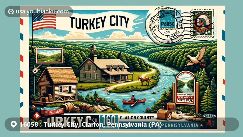 Modern illustration of Turkey City, Clarion County, Pennsylvania, featuring lush forests of Cook Forest State Park, rural elements like a wooden sign and post office, and outdoor activities like hiking, canoeing, and horseback riding, framed in an airmail envelope with ZIP code 16058 and PA state flag stamp.