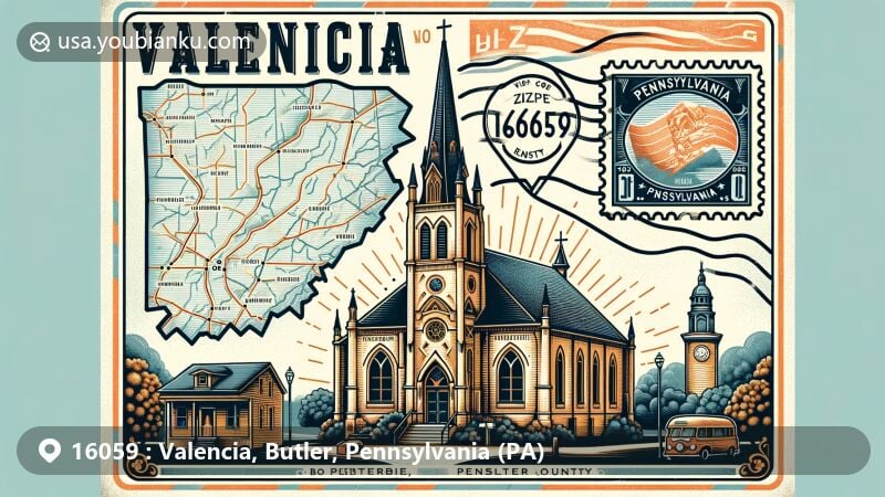 Modern postcard-style illustration of ZIP code 16059, Valencia, Butler County, Pennsylvania, featuring Valencia Presbyterian Church, Butler County map outline, vintage postal elements, and Pennsylvania state flag.