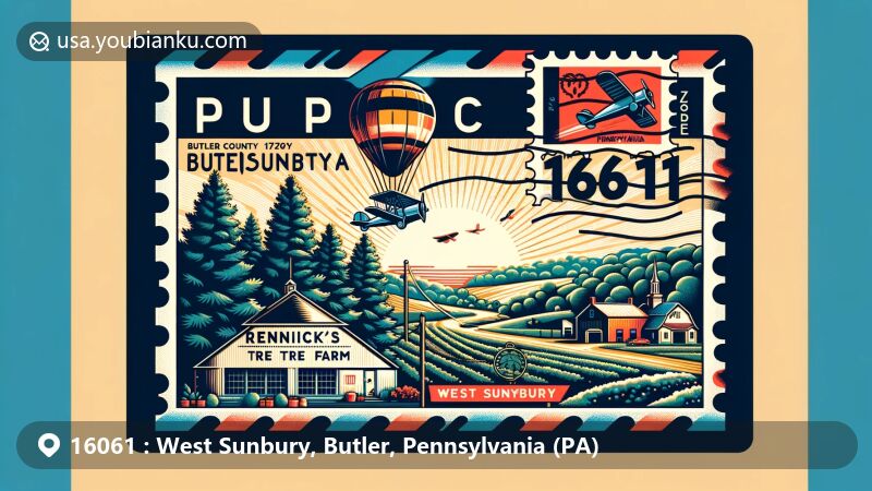 Modern illustration of West Sunbury, Butler County, Pennsylvania, blending postal elements with local landmark Renick's Tree Farm, reflecting rural and serene character. Features vintage air mail envelope with postage stamp and Pennsylvania silhouette.