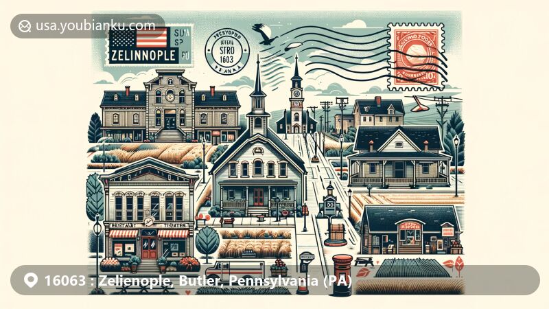 Modern illustration of Zelienople, Pennsylvania, highlighting Main Street's old-fashioned charm with Passavant House and Buhl House, featuring Strand Theater, Zelienople Community Park, and agricultural roots, integrating postal elements with ZIP code 16063.