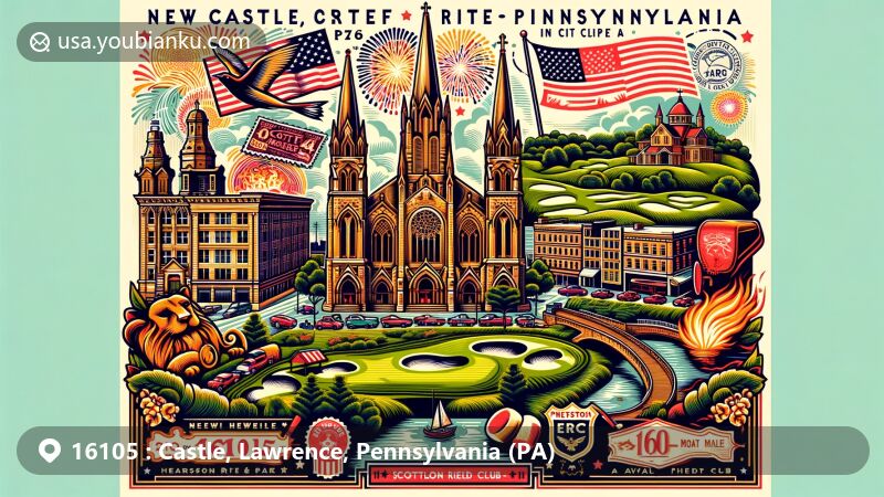 Modern illustration of New Castle, Pennsylvania, showcasing Scottish Rite Cathedral, Pearson Park, and Avalon Field Club's golf course with vintage airmail envelope and postage stamp featuring ZIP code 16105.