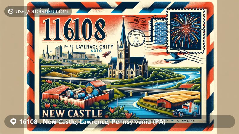 Modern illustration of New Castle, Lawrence County, Pennsylvania, featuring ZIP code 16108, highlighting Scottish Rite Cathedral, fireworks, agricultural motifs, and Shenango River.
