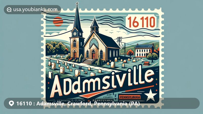 Modern illustration of Adamsville, Crawford County, Pennsylvania, with postal theme featuring ZIP code 16110, showcasing Adamsville Presbyterian Church and Rocky Glen Cemetery.