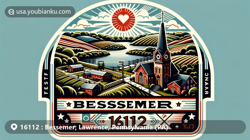 Modern illustration of Bessemer, Lawrence County, Pennsylvania, capturing the essence of rich heritage and scenic beauty, showcasing farmlands, quarry lakes, state symbols, church, and industrial history with postal theme influenced by the area's past.