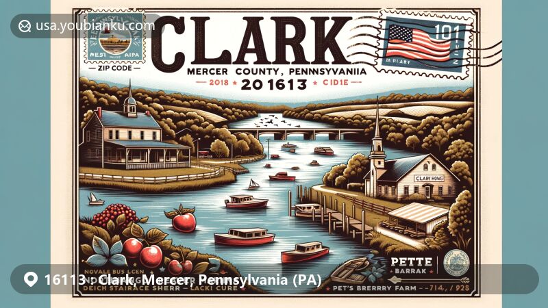 Modern illustration of Clark, Mercer County, Pennsylvania, showcasing local landmarks like NorthStar Marina and Pete's Berry Farm, along with Shenango River Reservoir, featuring vintage postcard theme with ZIP code 16113.