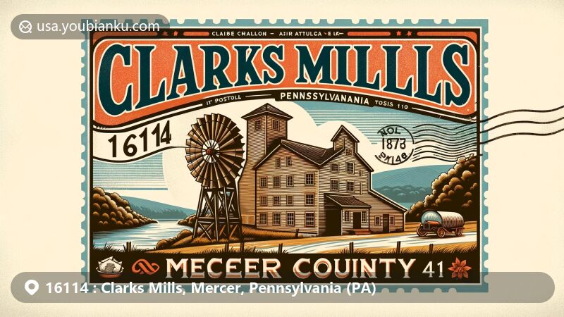 Modern illustration of Clarks Mills, Pennsylvania, showcasing a vintage postcard with ZIP Code 16114, featuring the historic mill, scenic rural landscapes, and postal elements reflecting the area's heritage.