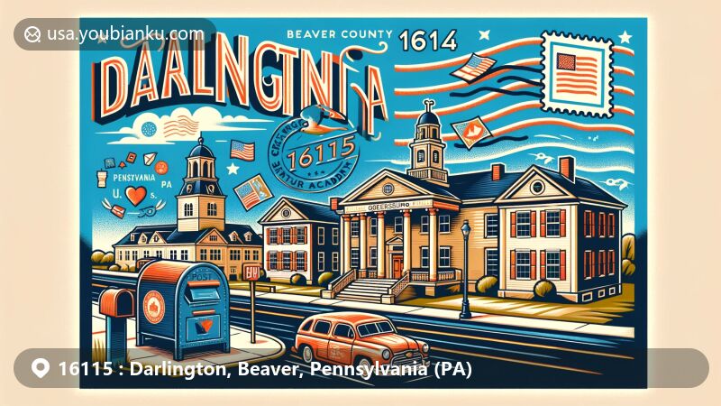 Modern illustration of Darlington, Beaver County, Pennsylvania, highlighting postal theme with ZIP code 16115, featuring Greersburg Academy and northeastern small-town charm.