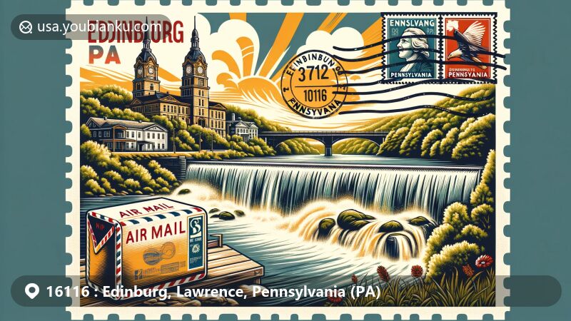 Modern illustration of Edinburg, Pennsylvania, highlighting Quaker Falls and the Mahoning River, postal stamps with Pennsylvania imagery, and vintage air mail envelope with ZIP code 16116.