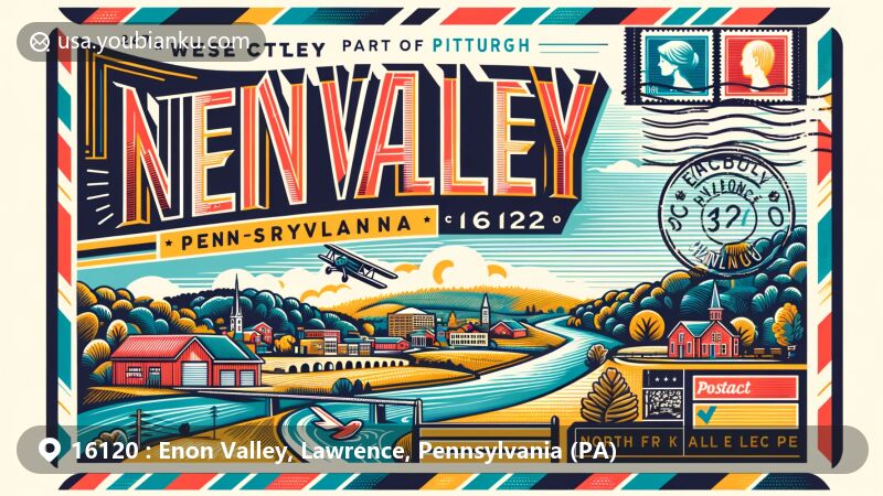 Modern illustration of Enon Valley, Lawrence County, Pennsylvania, showcasing postal theme with ZIP code 16120, featuring North Fork Little Beaver Creek and postal elements.