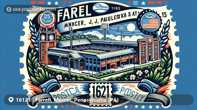Modern illustration of Farrell, Mercer County, Pennsylvania, incorporating Anthony J. Paulekas Stadium, state flag, and a diverse community mix. Features postal elements like stamp, postmark, and ZIP code 16121.