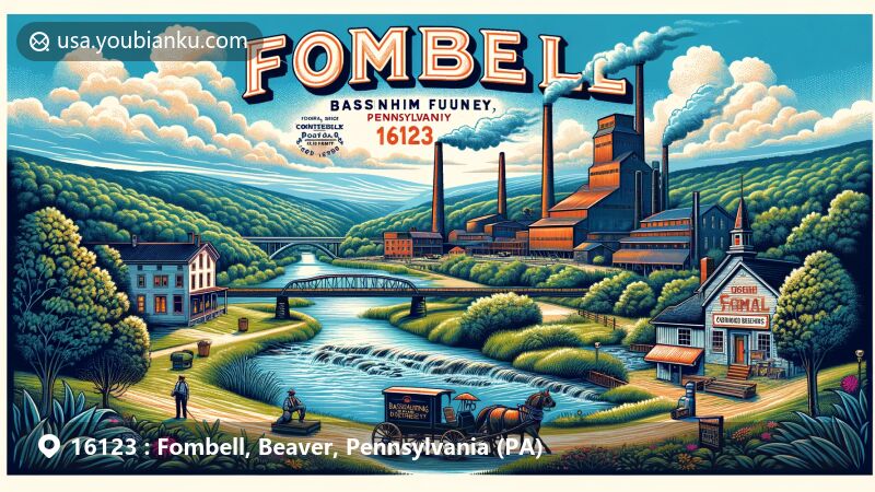 Modern illustration of Fombell, Beaver County, Pennsylvania, highlighting postal theme with ZIP code 16123, featuring Bassenheim Furnace, Connoquenessing Creek, vintage mail buggy, and Phillis Brothers General Store.