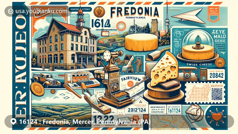 Modern illustration of Fredonia, Pennsylvania, showcasing postal theme with ZIP code 16124, featuring landmarks like Fredonia Institute and Fairview Swiss Cheese.