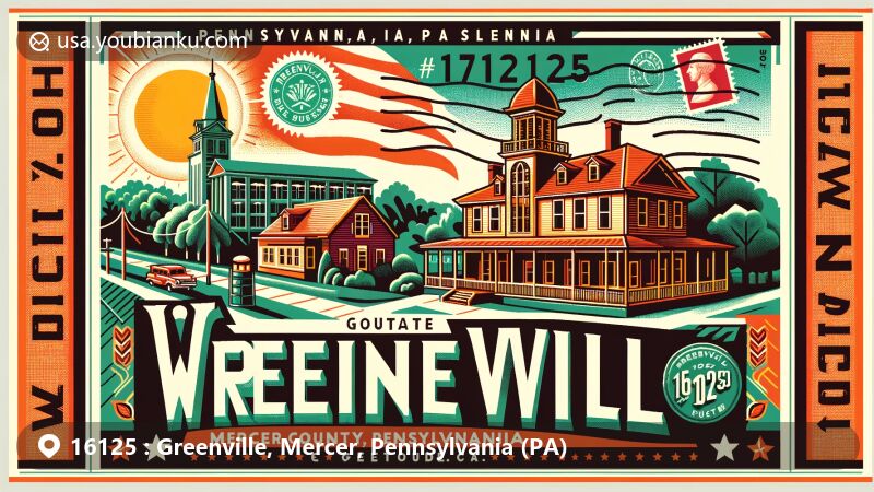 Modern illustration of Greenville, Mercer County, Pennsylvania, showcasing the Waugh House Museum, a historical landmark, with elements representing state identity and postal theme.