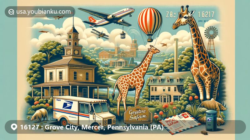 Wide-format illustration of Grove City, Pennsylvania, with ZIP code 16127, highlighting local landmarks and postal elements.