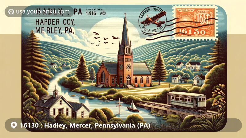 Modern illustration of Hadley, Mercer County, Pennsylvania, with significant landmarks like Hadley Presbyterian Church and Methodist church, set in late 1800s. Lush Mercer County landscapes emphasize natural beauty, featuring antique postal card design, ZIP code 16130, vintage stamps, and Hadley, PA postmark.