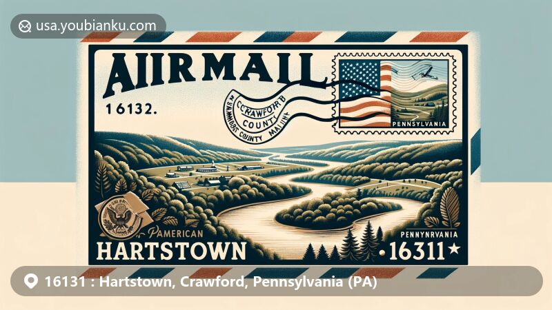 Modern illustration of Hartstown, Crawford County, Pennsylvania, highlighting postal theme with ZIP code 16131, featuring air mail envelope, postage stamp, postmark, and scenic beauty of forests, hills, and rivers.