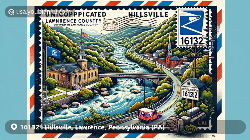 Modern illustration of Hillsville, Lawrence County, Pennsylvania, combining local features with postal themes, featuring Mahoning River, Churchill Road, local post office, and ZIP code 16132, with Pennsylvania state flag and Lawrence County outline.