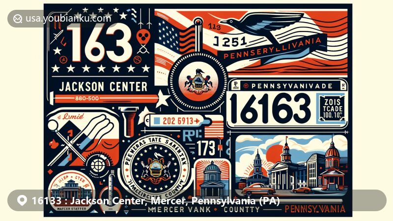 Modern illustration of Jackson Center, Mercer County, Pennsylvania, highlighting ZIP code 16133, featuring symbolic elements representing the area's character and incorporating the Pennsylvania state flag.