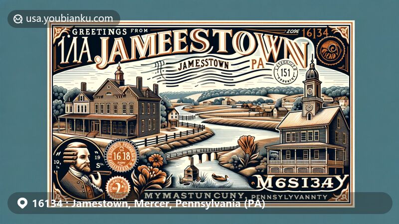 Modern illustration of Jamestown, Mercer County, Pennsylvania, showcasing historical roots with founding by James Campbell in 1798 along the Shenango River, featuring Jamestown Historical Society and picturesque Pymatuning State Park.