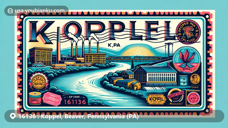 Modern illustration of Koppel, Beaver County, Pennsylvania, capturing the essence of ZIP code 16136 with a focus on historical manufacturing background, Beaver River, and postal themes.