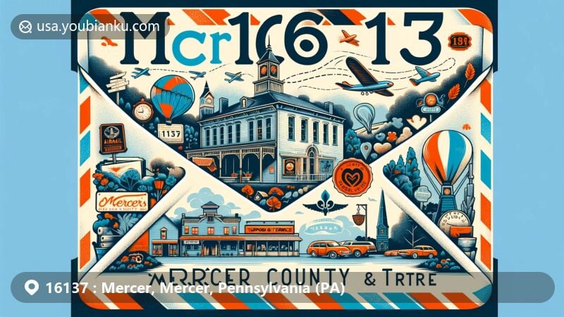 Modern illustration of Mercer, Pennsylvania, showcasing vintage airmail envelope backdrop, highlighting Mercer County Historical Society and Talbot's Taproom & Terrace, featuring diverse population and natural beauty.