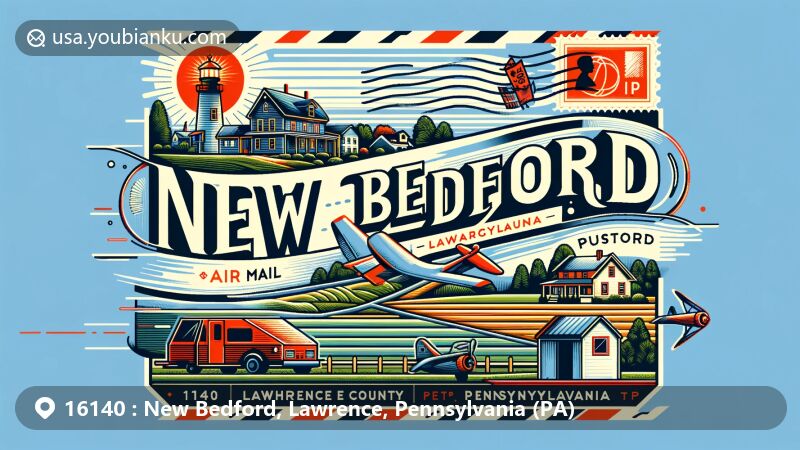 Modern illustration of New Bedford, Lawrence County, Pennsylvania, featuring postal theme with ZIP code 16140, showcasing rural landscapes and small-town charm near the Ohio state line.