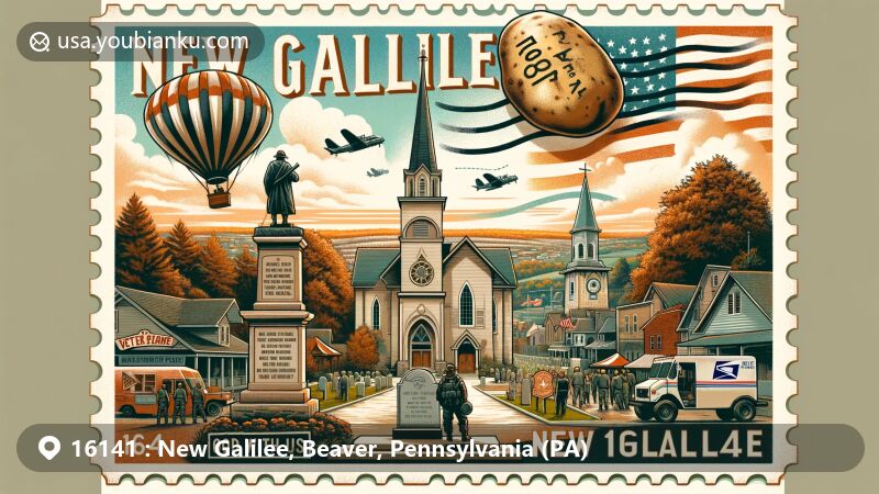 Modern illustration of New Galilee, Beaver County, Pennsylvania, showcasing key heritage and landmarks, including New Galilee Church of the Nazarene, Veterans Memorial, Gilkey Potato Festival, and Community Park, with subtle postal theme elements.