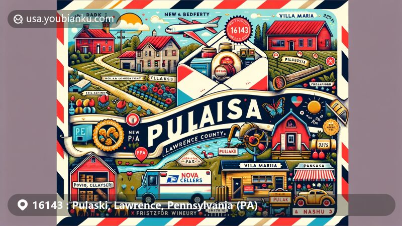 Modern illustration of Pulaski, Lawrence County, Pennsylvania, depicting postal theme with ZIP code 16143, showcasing local landmarks like Nova Cellars Winery and Pulaski Flea & Farmers Market, and integrating postal elements and geographic outline of the area.