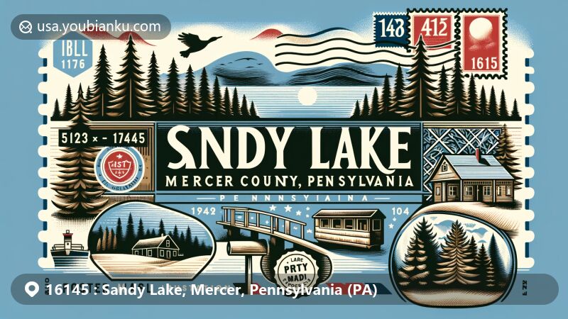 Creative illustration of Sandy Lake area, Mercer County, Pennsylvania, with ZIP code 16145, featuring Lake Wilhelm and pine trees, integrating postal elements like stamps and postmarks.