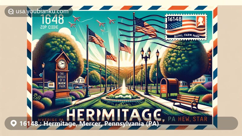 Modern illustration of Hermitage, PA, featuring The Avenue of 444 Flags and Buhl Farm Park, incorporating American postal elements like stamps and a mailbox with the postmark '16148 Hermitage, PA'.