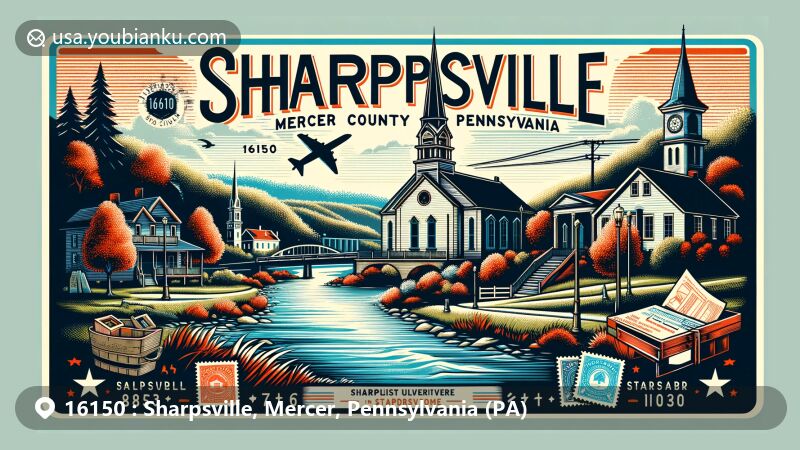 Vibrant illustration of Sharpsville, Pennsylvania, merging historical and cultural elements with postal motifs, capturing the essence of the town.